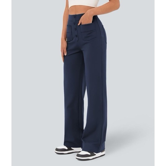 HALARA Pants - Halara XS Petite Wide Leg High Waist Navy Stretch Pants Button Front NWT
